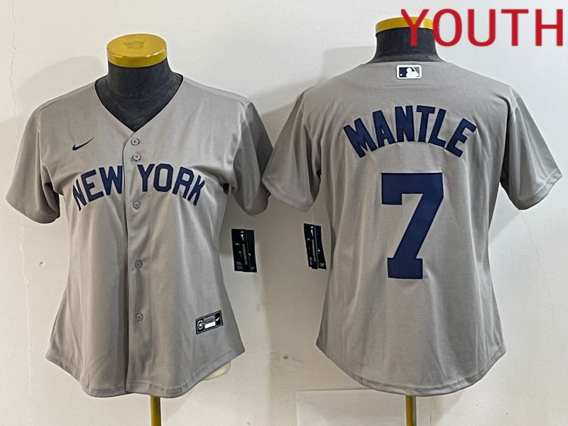 Youth New York Yankees 7 Mantle Grey Nike Game 2024 MLB Jersey style 7
